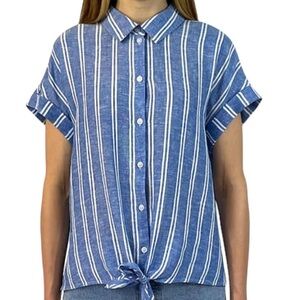JACHS Girlfriend Blue White Striped Linen Blend Tie Front Shirt Medium